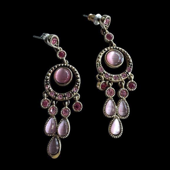Pierced Earrings Dangling Chandelier Gold Tone Pink Stone - Picture 1 of 6